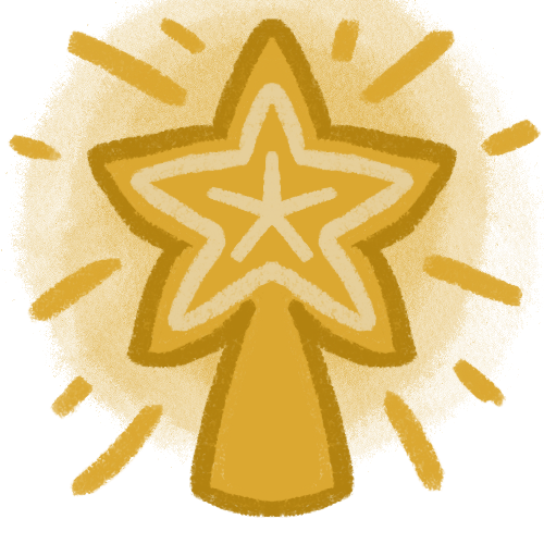 A golden star attached to a triangular base of the same colour. There are lighter yellow star shores inside the main star. The star is glowing brightly.